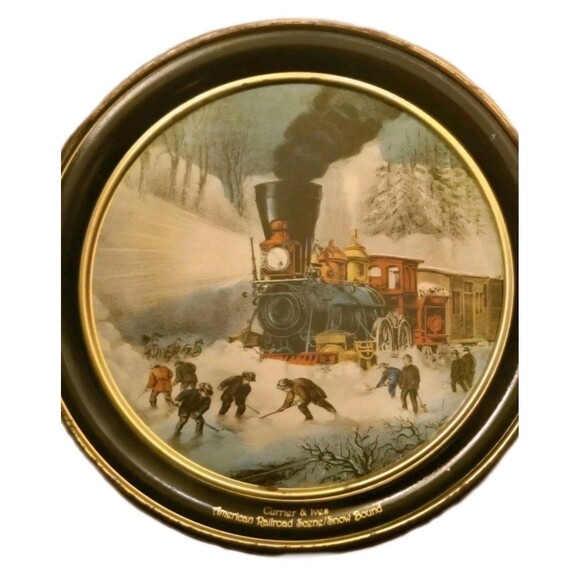 Vintage Currier & Ives American Railroad Scene Snow Bound Train Round 10" Tin - Picture 2 of 11